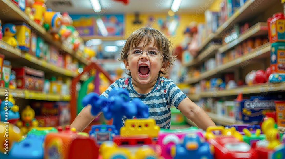 A little boy playing with toys in a toy store A little boy playing with toys in a toy store