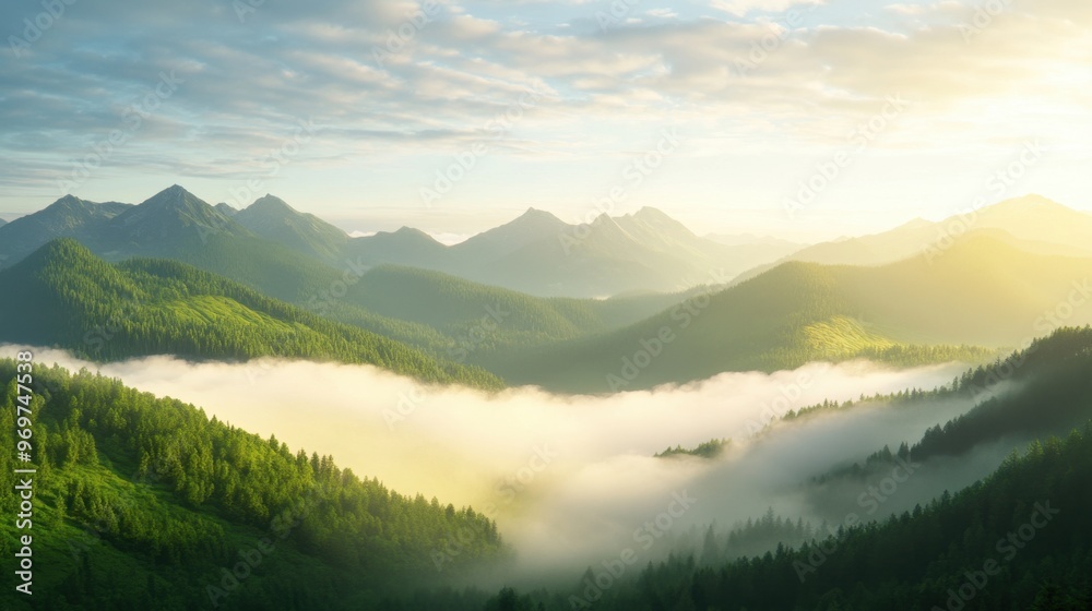 Obraz premium Majestic Mountain Range with Morning Mist and Golden Sunlight