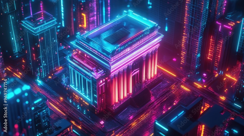 Fototapeta premium Neon Cityscape with Illuminated Building.