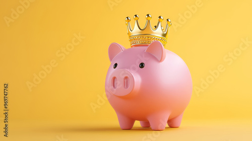 A cheerful piggy bank wearing a golden crown, symbolizing wealth, savings, and financial success on a vibrant yellow background. photo