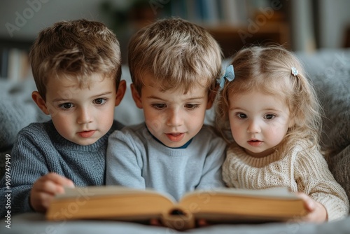 Two school kids boys and little toddler girl reading together book. Older brother holding book and read aloud for his sibling. Family spending time together. Three, Generative AI