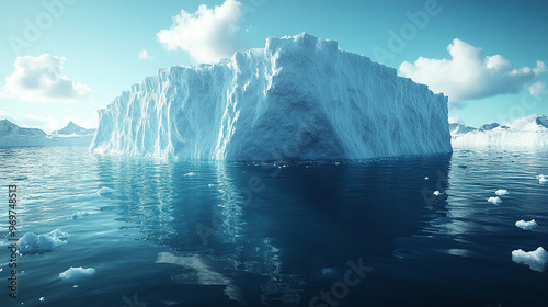 iceberg floats serenely in crystal-clear water, its white surface gleaming under sunlight. The submerged portion hints at its hidden depth, symbolizing unseen potential and mystery beneath the surface