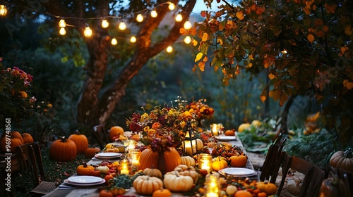 A vibrant outdoor Thanksgiving dinner with lanterns and string lights, surrounded by pumpkins, squash, and colorful autumn flowers