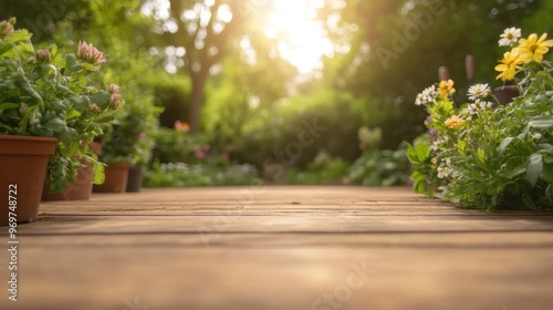 Wooden Tabletop with Flowers and Bokeh Background in Summer Garden