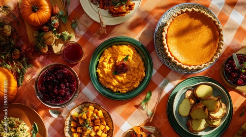 A vibrant Thanksgiving spread with colorful dishes of sweet potatoes, cranberry sauce, and pumpkin pie, placed on a plaid tablecloth with a bright orange background