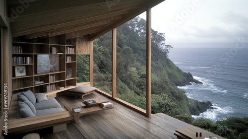 This serene reading nook features a window seat with soft cushions and a stunning view of the ocean, inviting relaxation and tranquility during sunny days