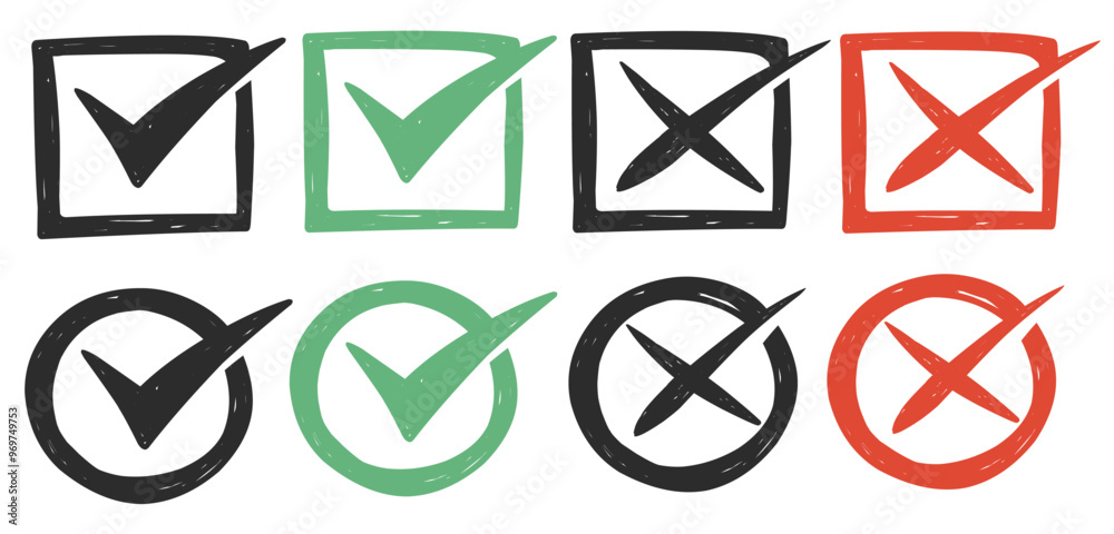 Hand drawn check mark icon button set. Scribble check box icon round and box yes or no checkmark. icons in green tick box and red cross. vector illustration Hand drawn check mark icon button set. Scribble check box icon round and box yes or no checkmark. icons in green tick box and red cross. vector illustration