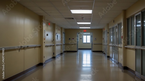 Empty Corridor with Doors and Handrails in saudi arabian Hospital