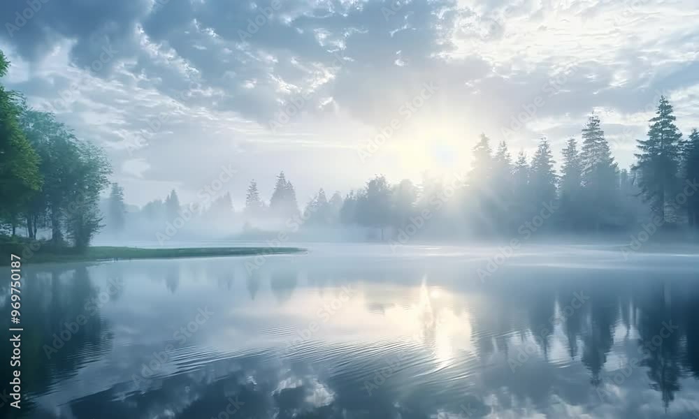 Misty dawn breaking over a tranquil lake, Video Misty dawn breaking over a tranquil lake, Video