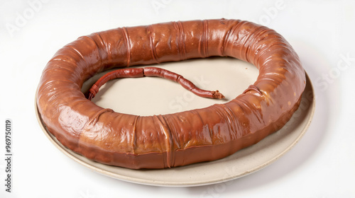 A large chocolate wreath on a white plate on a table