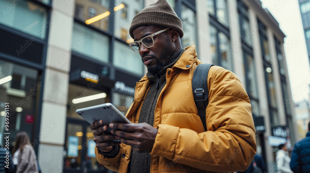 A man in a yellow jacket and hat using a tablet computer A man in a yellow jacket and hat using a tablet computer