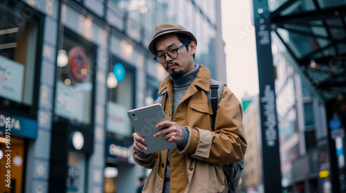 A man in a hat and jacket holding a tablet computer in the middle of a city