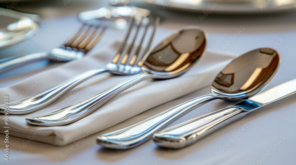 Elegant Silverware Set At Formal Served Table., Close Up Cutlery With Shiny Forks, Spoon And Knife. Elegant Silverware Set At Formal Served Table., Close Up Cutlery With Shiny Forks, Spoon And Knife.