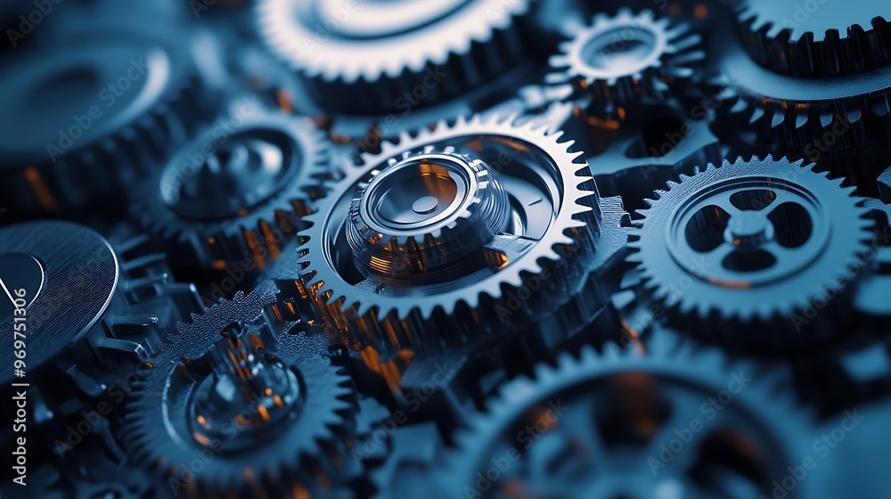 A close-up of a complex machine with intricate gears, each with a distinct design. 