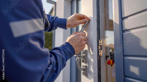 A man in a blue uniform is opening a door with a screwdriver photo