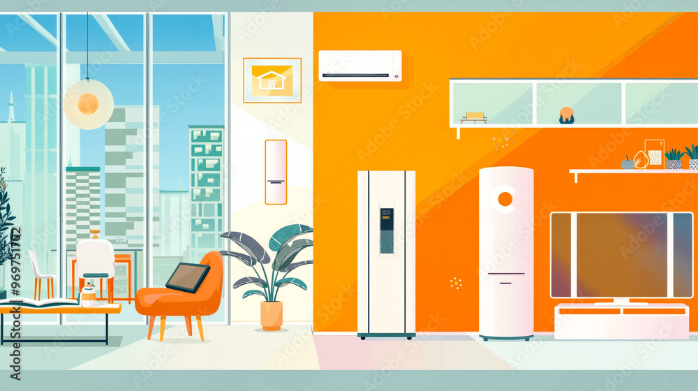 Naklejka premium A living room with orange walls and a television