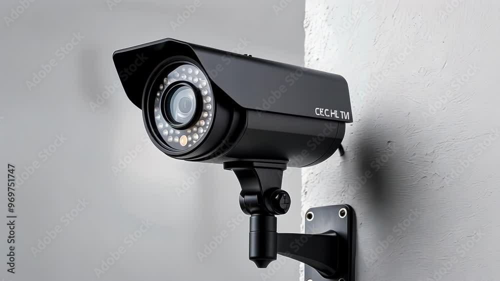A close up of a surveillance camera mounted on a wall, emphasizing its design and functionality for security purposes