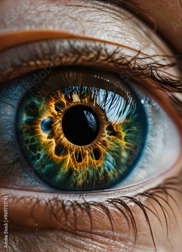 A highly detailed close-up of a human eye, showcases an intricate and mesmerizing pattern within the iris. 