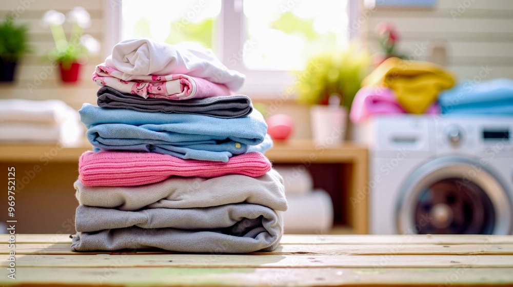 A stack of folded clothes sitting on top of a wooden table A stack of folded clothes sitting on top of a wooden table
