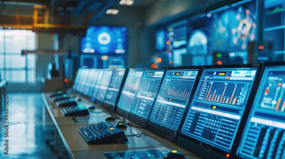 Energy Management Control Room with Multiple Screens Displaying Consumption Data Energy Management Control Room with Multiple Screens Displaying Consumption Data