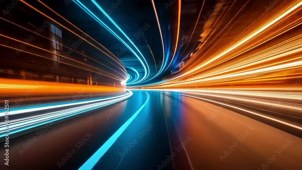 A dynamic frame showcasing vibrant light trails in motion, creating a sense of speed and energy in an abstract, urban setting