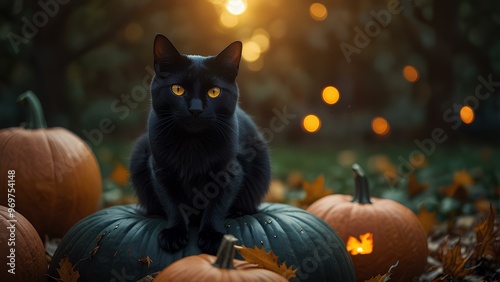 Black Cat with Glowing Eyes Sitting on a Pumpkin: Spooky Halloween Scene with Fallen Leaves and Candlelight photo