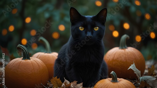 Black Cat with Glowing Eyes Sitting on a Pumpkin: Spooky Halloween Scene with Fallen Leaves and Candlelight photo