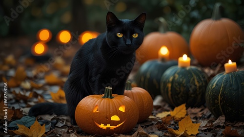 Black Cat with Glowing Eyes Sitting on a Pumpkin: Spooky Halloween Scene with Fallen Leaves and Candlelight photo