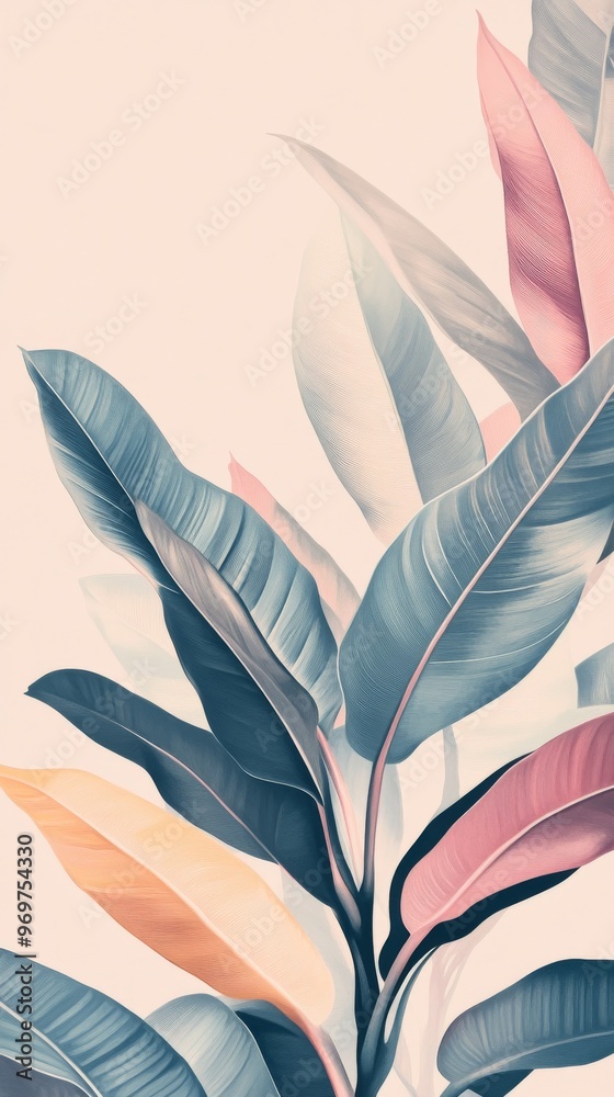 Tropical leaves in pastel colors, abstract nature art. Modern botanical illustration concept
