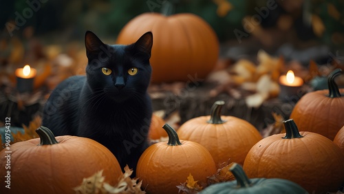 Black Cat with Glowing Eyes Sitting on a Pumpkin: Spooky Halloween Scene with Fallen Leaves and Candlelight photo