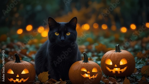 Black Cat with Glowing Eyes Sitting on a Pumpkin: Spooky Halloween Scene with Fallen Leaves and Candlelight photo