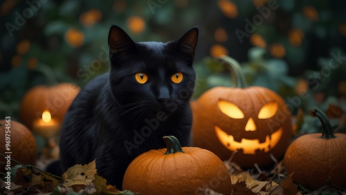 Black Cat with Glowing Eyes Sitting on a Pumpkin: Spooky Halloween Scene with Fallen Leaves and Candlelight photo