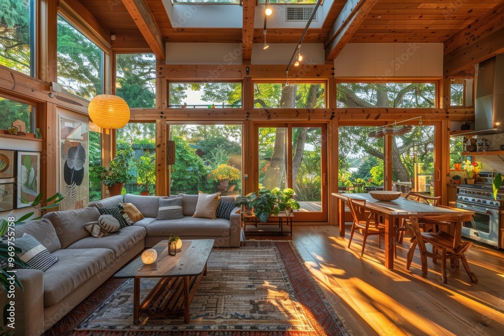 Fototapeta premium Cozy Modern Home with Large Windows and Smart Lighting in Winter Forest Setting - Perfect for Eco-Friendly Living