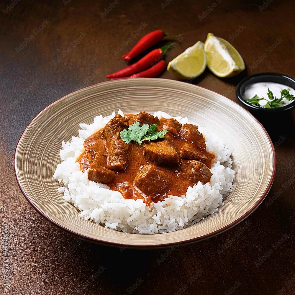 Indian food Madras beef with basmati rice on the table Indian food Madras beef with basmati rice on the table