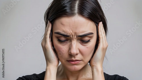 Niña o mujer joven con el rostro entre las manos mira fijamente hacia la cámara como sus ojos azules. Tiene cefalea migrañas. 