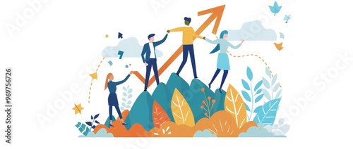 Illustration of business people holding up an upward-trending graph line, white background