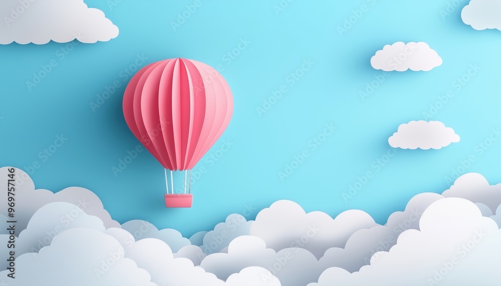 Obraz premium Paper-Cut Sky Landscape Banner With Hot Air Balloon And Realistic Clouds In Paper Craft Art For Kids' Promotion In Toy Store Or Childcare Product Discount.