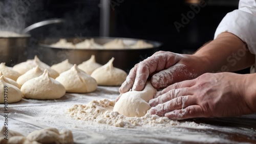 Close-up of hands holding dough and flour, a cook preparing for baking.