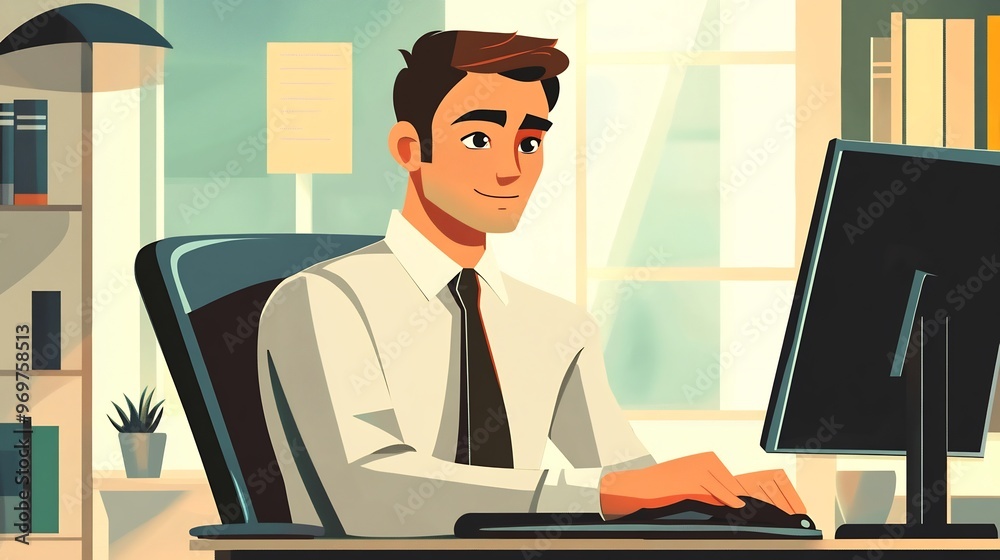 A businessman sitting at his desk, working on his computer in an office setting. A businessman sitting at his desk, working on his computer in an office setting.
