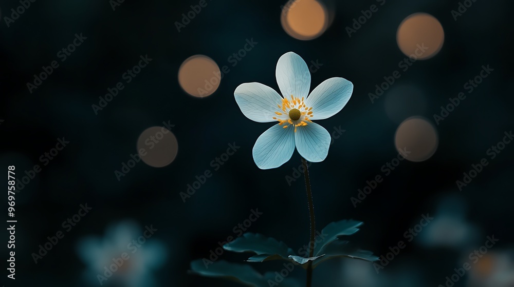 A single white flower with a yellow center blooms in the foreground with soft, out-of-focus golden lights in the background. A single white flower with a yellow center blooms in the foreground with soft, out-of-focus golden lights in the background.