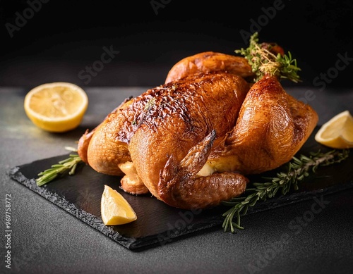 Homemade chicken rotisserie with thyme, lemon closeup on a slate board on the table