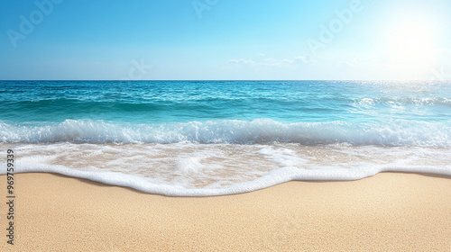 sandy beach on a sunny day with a blurred bokeh background, evoking tranquility and relaxation. Soft golden sand contrasts with the bright sky, capturing the essence of calm and peaceful nature