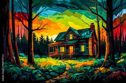 A lonely wooden house surrounded by tall, looming trees painted in bold vector art oil painting art illustration on a white background.
 photo