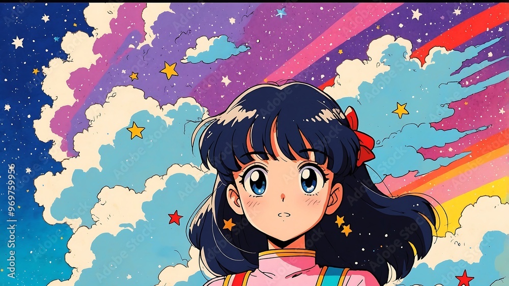 Obraz premium Vibrant Anime Girl with Stars - Fantasy Digital Art Portrait