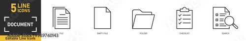 Document line icon set. Set of 5 outline icons related to file, empty file, folder, checklist, search and more. Vector illustration.