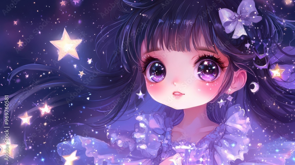 Adorable anime girl gazing at glowing stars in a dreamy night sky, surrounded by sparkles. Perfect for fantasy and whimsical themes. Adorable anime girl gazing at glowing stars in a dreamy night sky, surrounded by sparkles. Perfect for fantasy and whimsical themes.