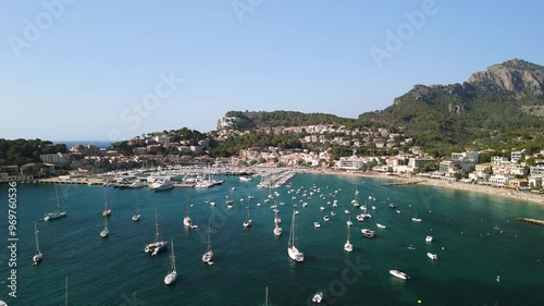 Aerial above boats in Port de Soller touristic harbor in Mallorca	