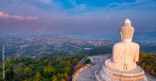 Konstfotografi Panoramic photo of statue big Buddha in Phuket on sunset sky, aerial top view