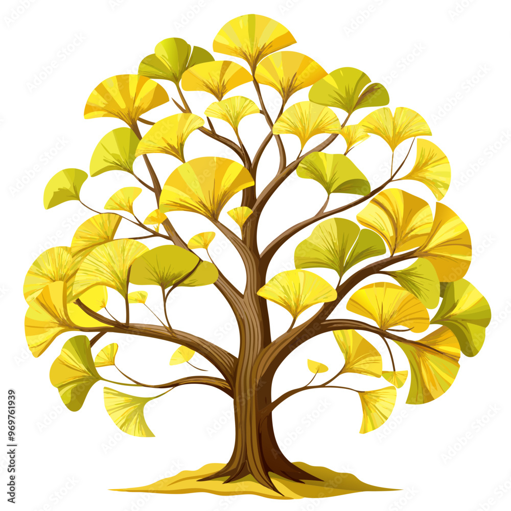 Obraz premium Vibrant Ginkgo Tree Illustration With Yellow And Green Leaves - Illustration of a ginkgo tree featuring vibrant yellow and green fan-shaped leaves, highlighting nature's beauty and botanical diversity