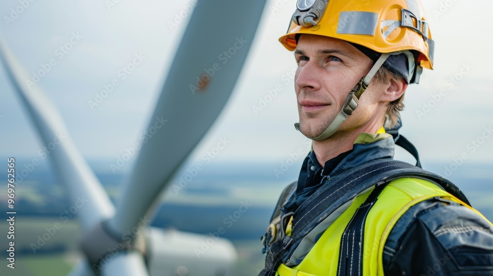 Portrait of wind turbine engineer standing confidently in front of a wind turbine, representing renewable energy industry Portrait of wind turbine engineer standing confidently in front of a wind turbine, representing renewable energy industry